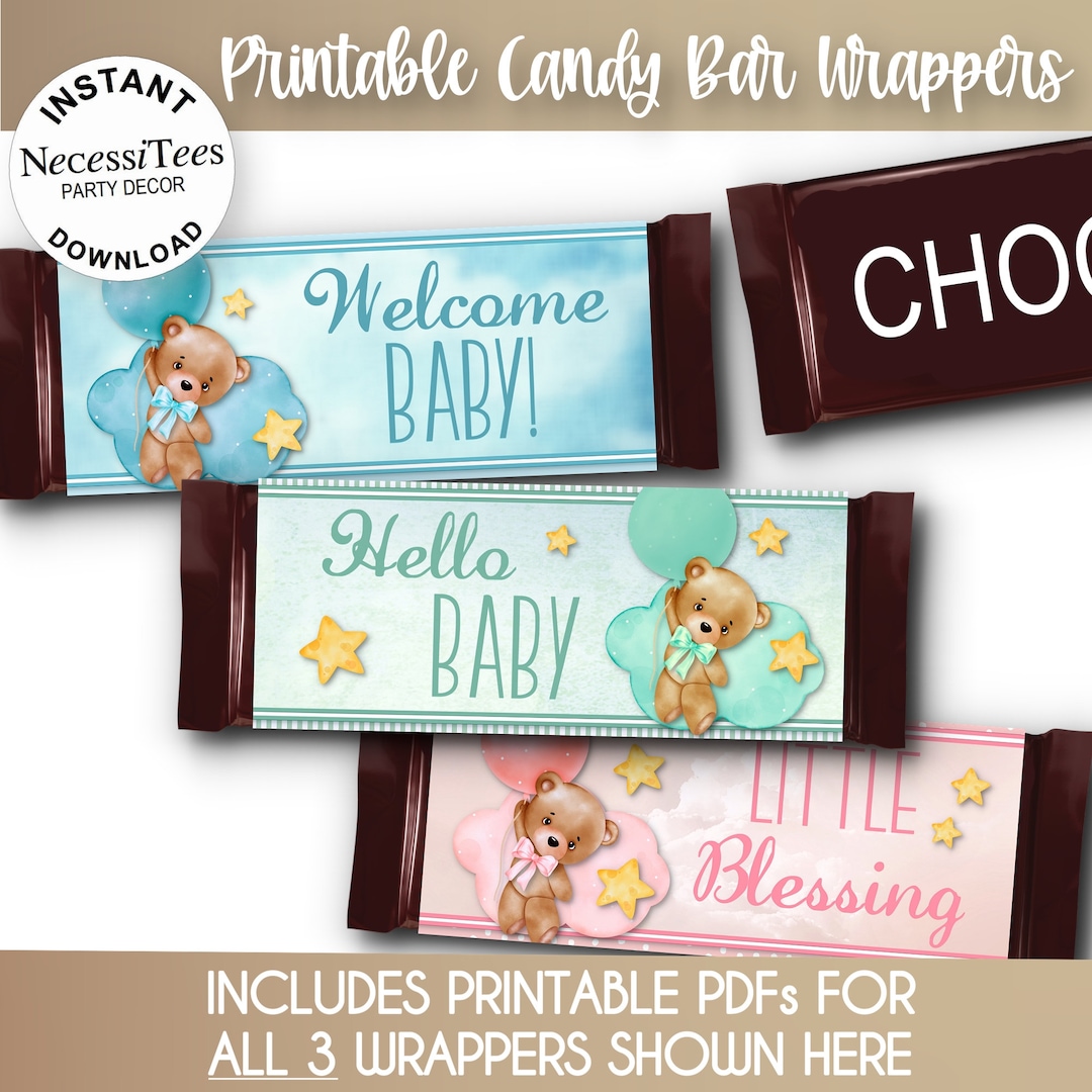 PRINTABLE | Baby Shower | Candy Bar Wrapper Templates | Bear With Pink ...