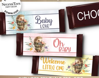 PRINTABLE | Baby Shower | Candy Bar Wrapper Templates | Baby Hedgehog & Flowers | 3 PDFs | NON Editable | Instant Download