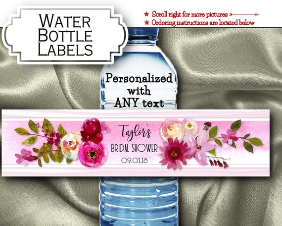 Water Bottle Labels, Waterproof Peel & Stick, Wine, Burgundy, Pink Roses, Flowers, Florals, Bridal or Baby Shower, Wedding, Birthday Party Il_570xn
