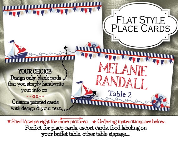 Flat Style Place Cards, Name Cards, Birthday Party, Baby Shower, Nautical Theme, Navy Stripes, Sail Boat, Anchor, Navy, Red Il_570xn