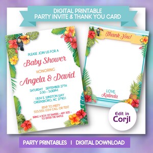 May include: Digital printable baby shower invitation and thank you card. The invitation features tropical flowers, toucans, and text that reads "Baby Shower" and the names "Angela & David". The thank you card has a similar design.