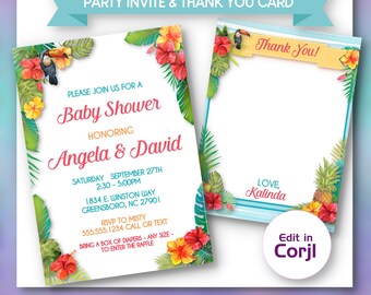 Könnte beinhalten: Digitale, druckbare Babyparty-Einladung und Dankeskarte. Die Einladung zeigt tropische Blumen, Tukane und den Text "Baby Shower" sowie die Namen "Angela & David". Die Dankeskarte hat ein ähnliches Design.