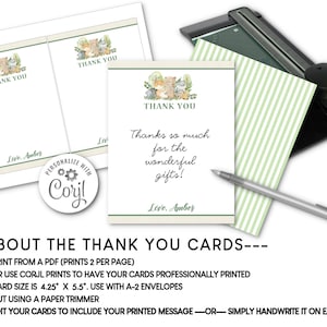May include: Thank you cards with a watercolor illustration of woodland animals and the text "Thank You." The cards are 4.25" x 5.5" and include the message "Thanks so much for the wonderful gifts!" and the name "Love, Amber."