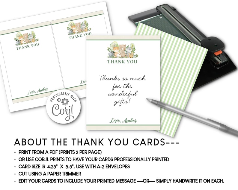 May include: Thank you cards with a watercolor illustration of woodland animals and the text "Thank You." The cards are 4.25" x 5.5" and include the message "Thanks so much for the wonderful gifts!" and the name "Love, Amber."