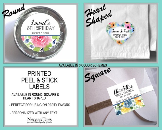 PRINTED Labels, Florals, Watercolor Flowers, Spring Colors, Comes in 3 Color Schemes, Round, Square or Heart Shaped Stickers Il_570xn