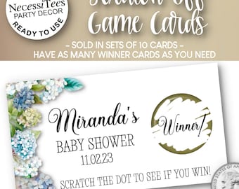 PRINTED Scratch Off Cards | Set of 10 Cards | Party or Shower Activity | Blue & White Hydrangeas Design | Perfect for Most Any Occasion