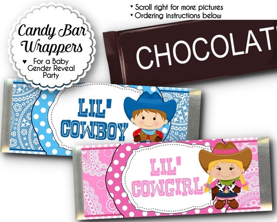 12 Candy Bar Wrappers, Party Favors, Baby Gender Reveal Party, Baby Shower, Western Cowboy, Western Cowgirl, Pink, Blue Il_570xn