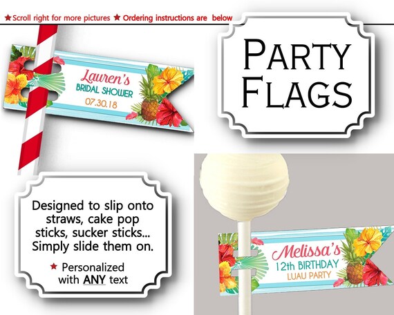 Flags for Straws, Sucker or Lollipop Sticks, Cake Pop Sticks, Hawaiian, Tropical, Hibiscus Flowers, Pineapple, Luau, Pool Party, Summer Il_570xn