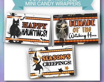 Halloween Mini Candy Wrapper Templates: Spooky Witches & Cats (PDF Download)
