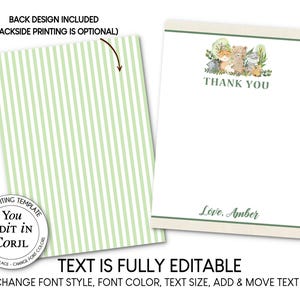 May include: Two-sided stationery set. The front features a "Thank You" message with woodland animal illustrations. The back has a light green and white striped pattern. The text "TEXT IS FULLY EDITABLE" is also visible.