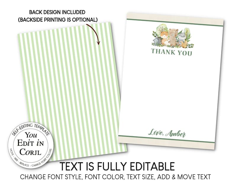 May include: Two-sided stationery set. The front features a "Thank You" message with woodland animal illustrations. The back has a light green and white striped pattern. The text "TEXT IS FULLY EDITABLE" is also visible.