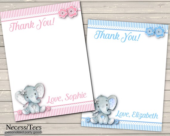 Thank You Note Cards with Envelope, Baby Shower, Birthday Party, Baby Elephants, Boy, Girl, Pink & Blue , Stripes, Polka Dots Il_570xn