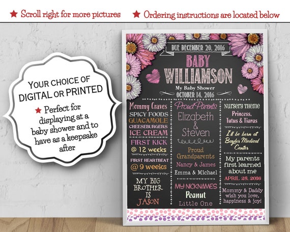 Baby Shower Poster, Shower Keepsake, Pregnancy Sign, Spring Florals, Daisy Flowers, Chalkboard Look, 5 Color Choices, Digital or Printed Il_570xn