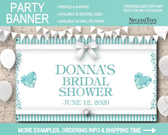 Vinyl or Paper Party Banner, Aqua & White, White Bow, Hearts, Baby or Bridal Shower, Sweet 16, Wedding, Birthday Party, Table Backdrop Il_570xn