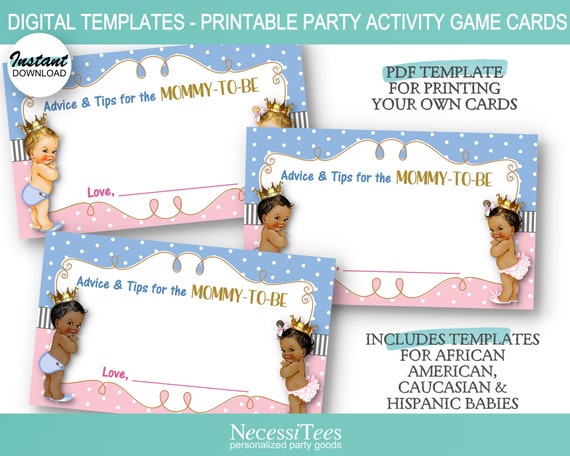 DIGITAL Mommy to Be Advice Cards, Baby Shower Activity Card, Baby Prince, Princess, Royal, Crowns, African American, Caucasian, Hispanic Il_570xn