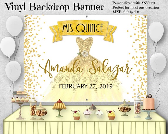 Printed Vinyl Party Banner, 6FT x 4FT, Gold Colors, Confetti Dots, Gold Gown, Quinceanera, Sweet 16, 15TH Birthday, Table Backdrop Il_570xn