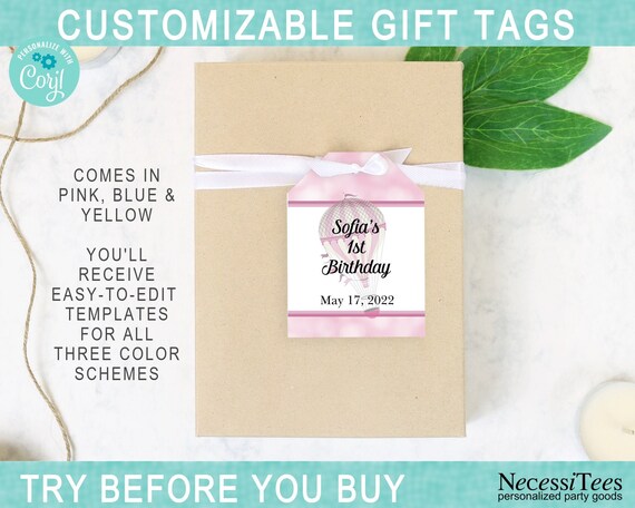 Gift Tag, Hot Air Balloons, In Pastel Pink, Blue & Yellow, Baby Shower, 1st Birthday, Bridal Shower, Instant Download, Edit Yourself Il_570xn