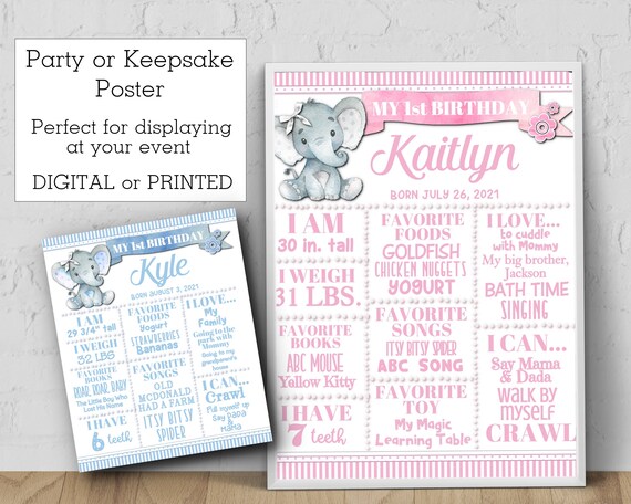 Birthday Poster, 8x10, 11x14, 16x20,18x24, Baby Elephants, Pastel Pink, Pastel Blue, Stripes, Polka Dots, For ANY Age Il_570xn