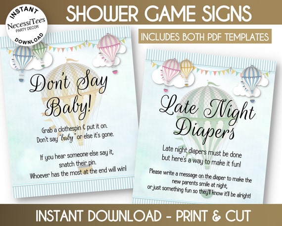 PRINTABLE Shower Signs Set, Shower Activity, Hot Air Balloons, Clouds, Pastel Color Scheme, Late Night Diapers, Don't Say Baby Il_570xn