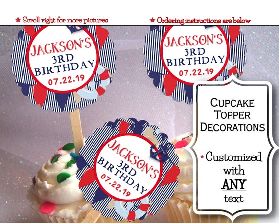 Cupcake Topper Decorations, Birthday Party, Baby Shower, Nautical Theme, Navy, Red, Navy Stipes, Anchor, Nautical Pennants, Ocean, Sea Il_570xn
