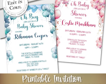 PRINTABLE Party Invitations | Balloons  | Includes Both Pink & Blue | Baby Shower or 1st Birthday | You Edit in Corjl