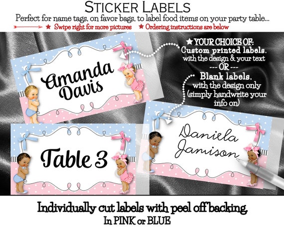 Stickers, Labels, Name Tags, Gender Reveal, Baby Shower, Pink & Blue, Hair Bows, Bow Ties, African American, Caucasian, Hispanic Il_570xn