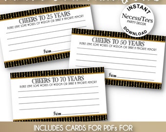 PRINTABLE Anniversary Words of Wisdom & Memories Cards, Party Activity, Gatsby, Art Nouveau or Deco, Black, Gold, 10th Thru 70th Anniversary