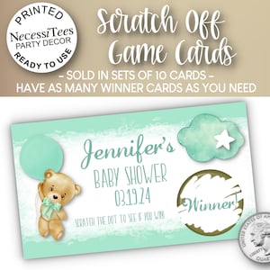 PRINTED Scratch Off Cards | Set of 10 Cards | Party Game or Shower Activity | Baby Bear with Mint Green Balloon | Baby Shower or Birthday
