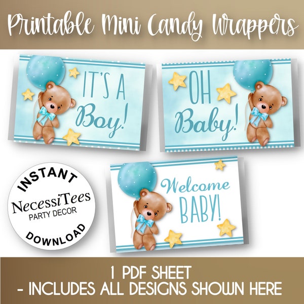 PRINTABLE | Baby Shower | Mini Candy Wrapper Templates | Party Favors | Bear Blue Balloons | PDF Template | NON Editable | Instant Download