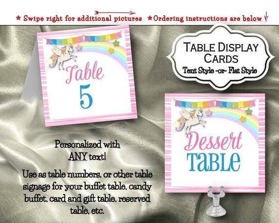 Table Number Cards, Buffet Table Cards, Unicorn, Rainbow, Pastel Colors, Pink Stripes, Baby Shower, Birthday Party Il_570xn
