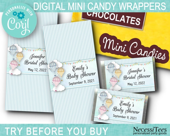 DIGITAL Miniature Candy Wrappers, Baby Shower, Bridal Shower, Birthday, Wedding, Engagement, Quinceanera, Pastel Colors, Hot Air Balloons Il_570xn