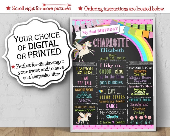 Birthday Poster, Digital or Printed & Ready to Frame, 11" x 14", 16" x 20", 18" x 24", Unicorn, Rainbow, Pastel Colors, Chalkboard Look Il_570xn