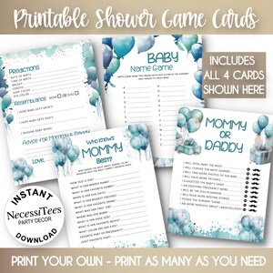 Jeux de fête pour baby shower à imprimer | Ballons | 4 cartes d'activités pour baby shower | Bleu pastel