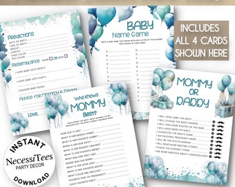 PRINTABLE Baby Shower Party Games | Balloons | 4 Baby Shower Party Activity Cards | Pastel Blues