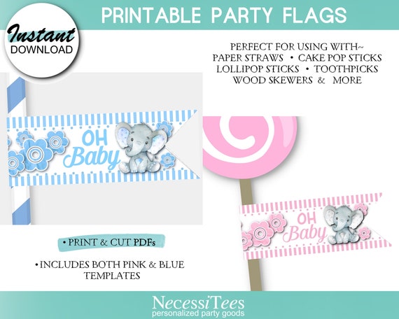 DIGITAL Flags for Straws, Sucker or Lollipop Sticks, Cake Pop Sticks, Baby Elephants, Pink, Blue, Oh Baby, Baby Shower or Gender Reveal Il_570xn