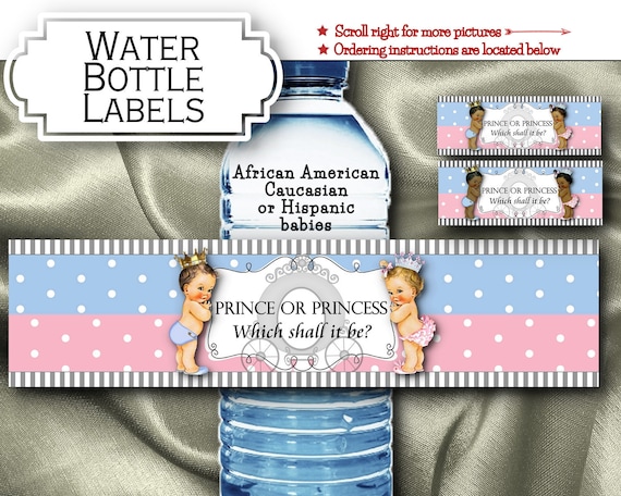 Water Bottle Labels, Waterproof Peel & Stick, Baby Shower, Gender Reveal Party, Royal Prince or Princess, Pink and Blue, Crowns Il_570xn