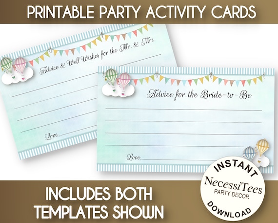 PRINTABLE Bride to Be and Mr & Mrs Advice Cards, Fun Party Activity Game Card, Pastel Hot Air Balloons, Clouds, Bridal or Couples Shower Il_570xn