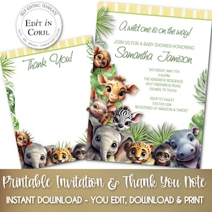 Invitations de fête et cartes de remerciement à imprimer | Bébés animaux de la jungle | Modèle numérique | Anniversaire - Baby shower | Éléphant, singe | Corjl