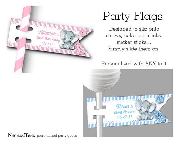 Flags for Straws, Sucker or Lollipop Sticks, Cake Pop Sticks, Baby Gender Reveal Party, Baby Shower, Baby Elephants, Pink, Blue Il_570xn