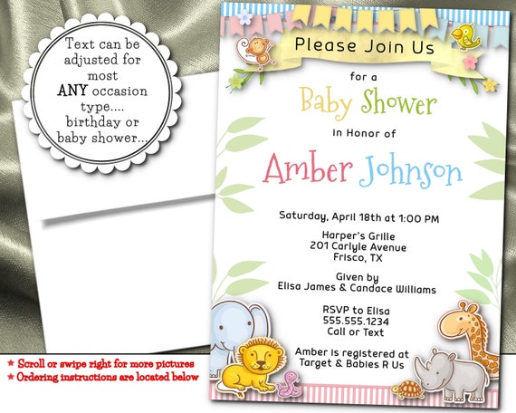 Party Invitations, For a Baby Shower or Birthday Party, Baby Jungle Animals, Wild Animals, Safari Animals, Pastel Colors, Digital or Printed Il_570xn