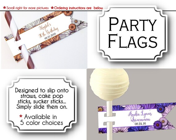 Flags for Straws, Sucker or Lollipop Sticks, Cake Pop Sticks, Spring Florals, Wedding, Bridal Shower, Baby Shower, Birthday, Quinceanera Il_570xn
