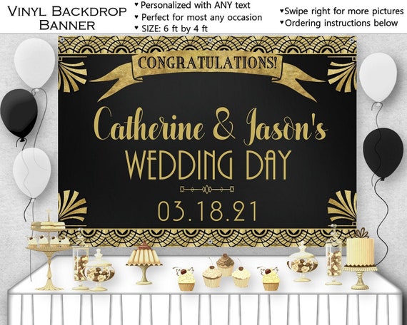Vinyl Party Banner, 6FTx4FT, Gatsby, Art Nouveau, Art Deco, Black, Gold, Wedding, Anniversary, Bridal Shower, Birthday, Photo Backdrop Il_570xn