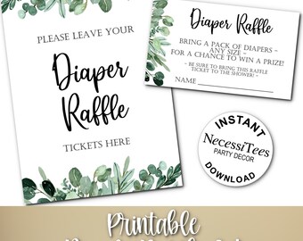 PRINTABLE Printable Diaper Raffle Cards & Sign Set, Raffle Inserts, Baby Shower, Greenery, Leaves, Eucalyptus, Instant Download