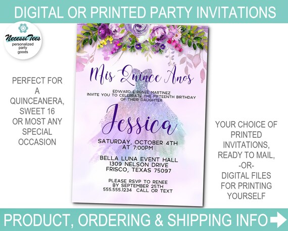Party Invitations, Digital or Printed, Watercolor Florals, Roses, Lavender, Lilac, Pink, Birthday, Quinceanera, Sweet 16 Il_570xn