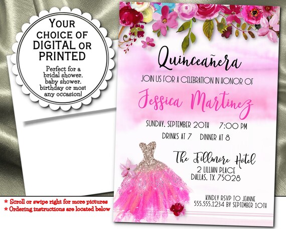 Party Invitations, Digital or Printed, Flowers, Florals, Pink Roses, Pink Gown, Quinceanera, Sweet 16, Birthday Il_570xn