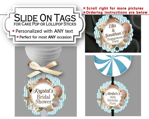 Cake Pop Tags, Tags for Sucker or Lollipop Sticks, Sea Shells, Ocean, Beac, Nautical, Aqua and Tan, Wedding, Bridal or Baby Shower, Birthday Il_570xn