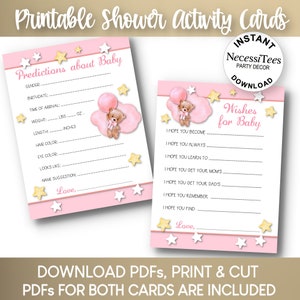 Jeux de fête pour baby shower à imprimer | Thème bébé ours et ballon | Activité sous la douche | Prédictions pour bébé | voeux de bébé pour bébé | Rose pastel
