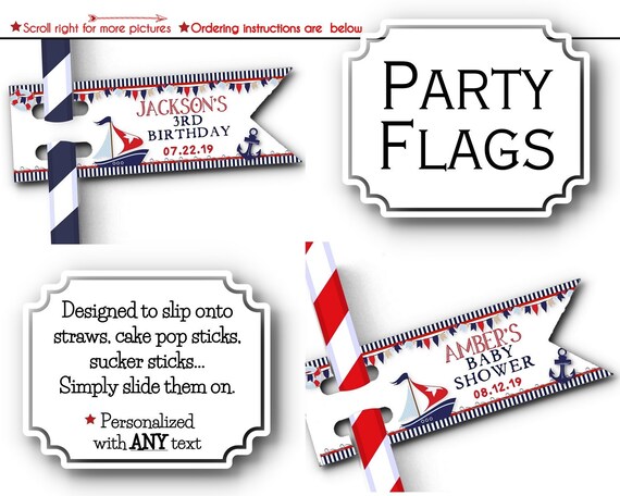 Flags for Straws, Cake Pops, Lollipops, Birthday, Baby Shower, Nautical, Navy, Red, Anchor, Sail Boat, Sea, Ocean Il_570xn