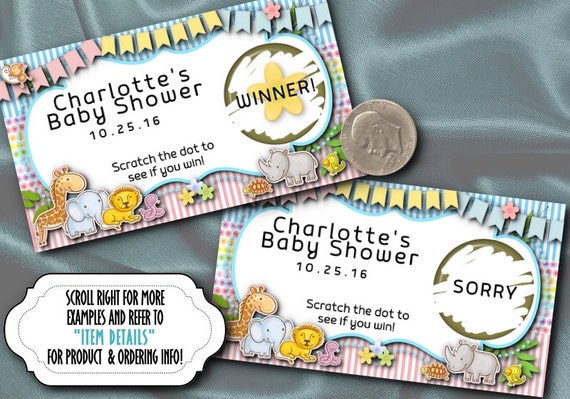 10 Party Scratch Off Cards, Party Games, Baby Shower, Birthday Party, Baby Jungle Animals, Wild Animals, Pastel Colors, Pink, Blue, Yellow Il_570xn