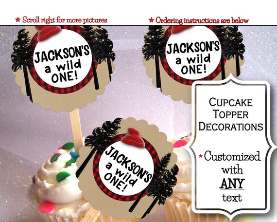 Cupcake Picks, Cupcake Topper Decorations, Birthday Party, Baby Shower, Lumberjack, Trees, Timber, Red & Black Flannel Plaid Buffalo Check Il_570xn